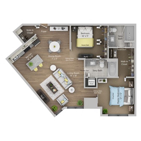 A floor plan of a house with a dining room, living room, kitchen, and bathrooms.